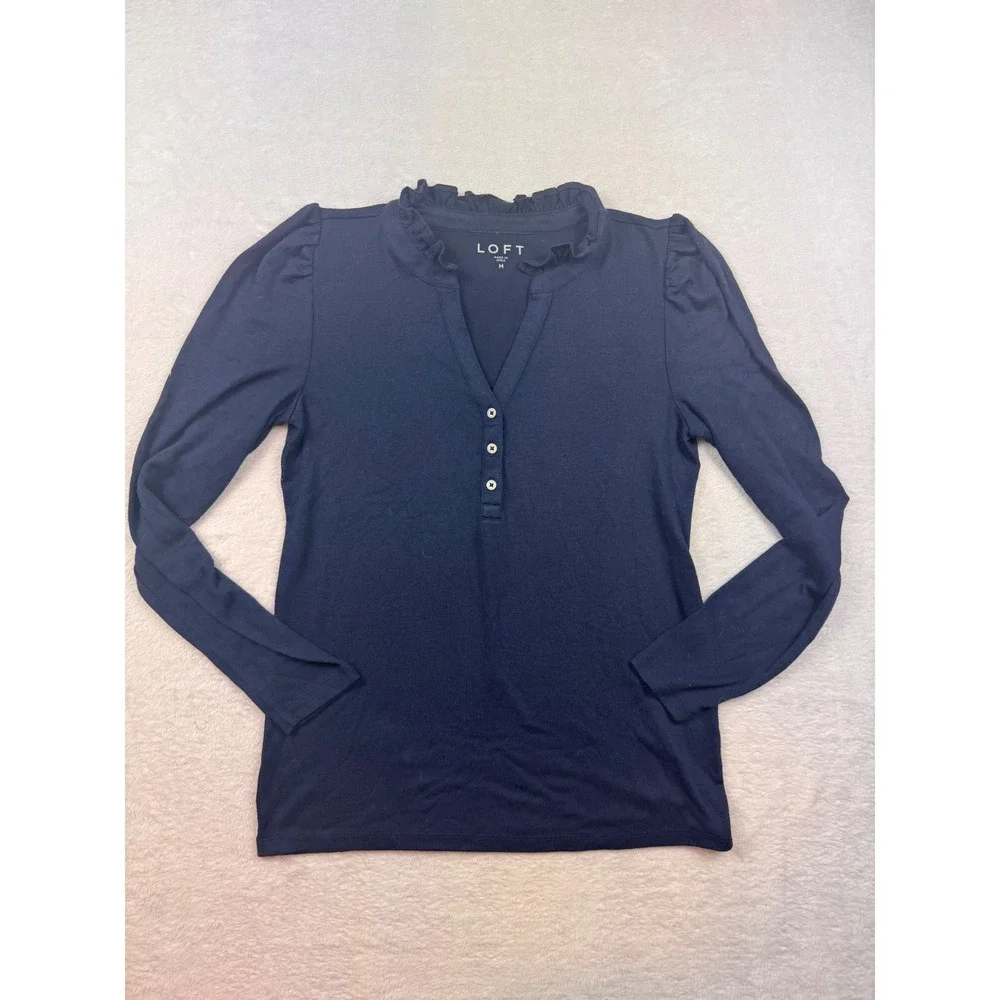 LOFT Navy Blue Ruffle Collar Henley Puff Shoulder Long Sleeve Top Womens Medium
